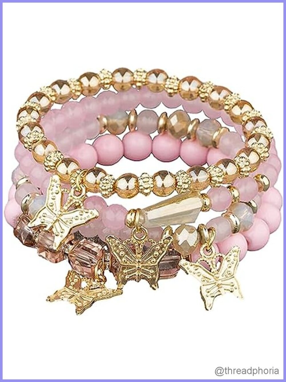 4pc Cute Butterfly Charm Bracelet Set Gold Beaded Stretch Bracelets Bohemian